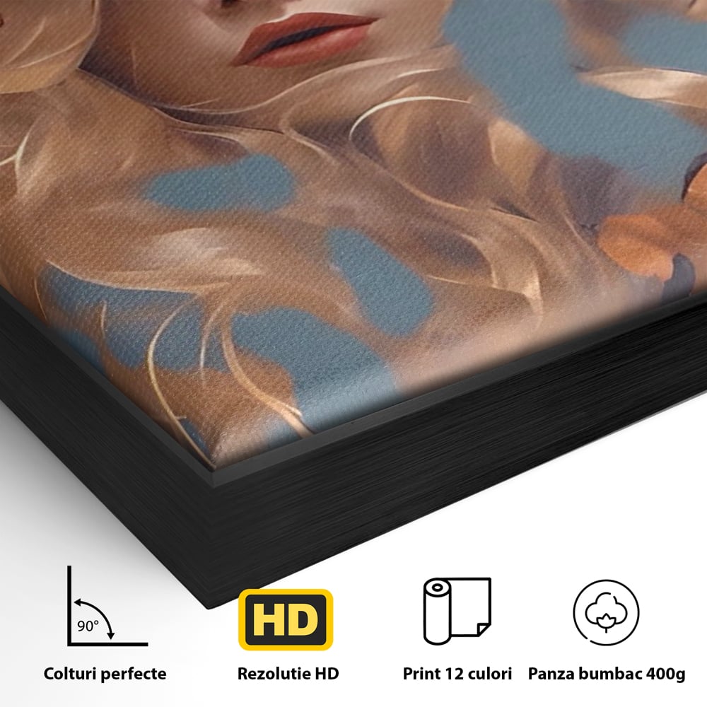 Detaliu al suprafetei: portret de femeie cu flori portocalii, in rama de aluminiu negru